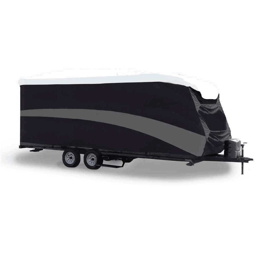 Heavy-duty protective caravan cover on a dual-axle caravan for sale in NSW.